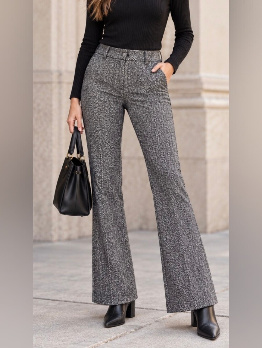 Express Columnist Women's Herringbone Tweed Flare Dress Pants Black White Size 4